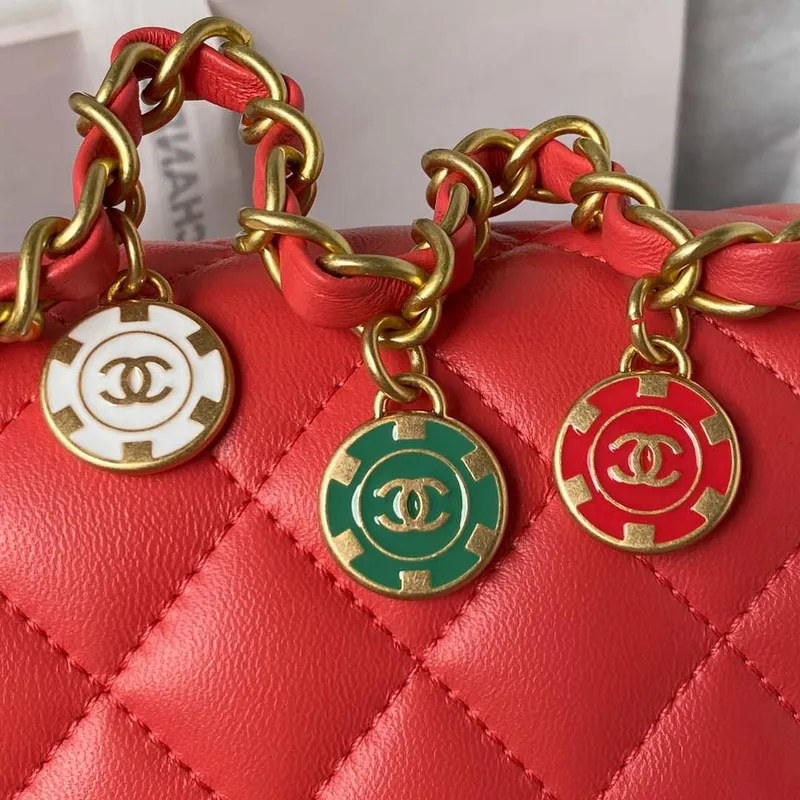 Chanel AS3737 Mini Flap Bag Lambskin Enamel & Gold Tone Metal Red