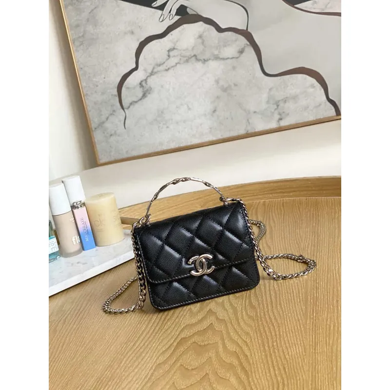 Chanel A81197 Mini Flap Calfskin Enamel & Silver Tone Metal Black