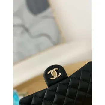 Chanel A01113 Flap Handbag Classic Bag Black Lambskin Gold With Ball