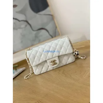 Chanel A01113 Flap Handbag Classic Bag White Lambskin Gold With Ball