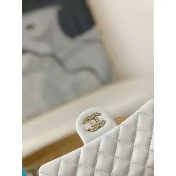 Chanel A01113 Flap Handbag Classic Bag White Lambskin Gold With Ball