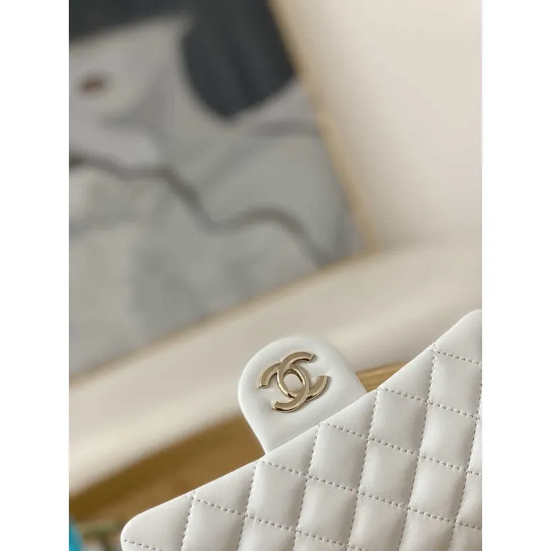 Chanel A01113 Flap Handbag Classic Bag White Lambskin Gold With Ball