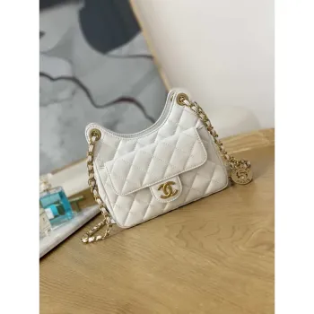 Chanel AS3710 Small Hobo Handbag Shiny Crumpled Calfskin & Gold Tone Metal White