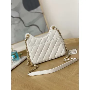 Chanel AS3710 Small Hobo Handbag Shiny Crumpled Calfskin & Gold Tone Metal White