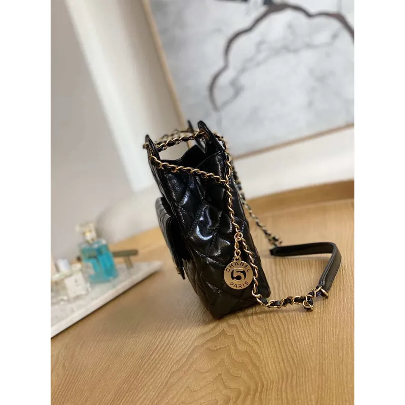 Chanel AS3690 Hobo Handbag Shiny Crumpled Calfskin & Gold Tone Metal Black