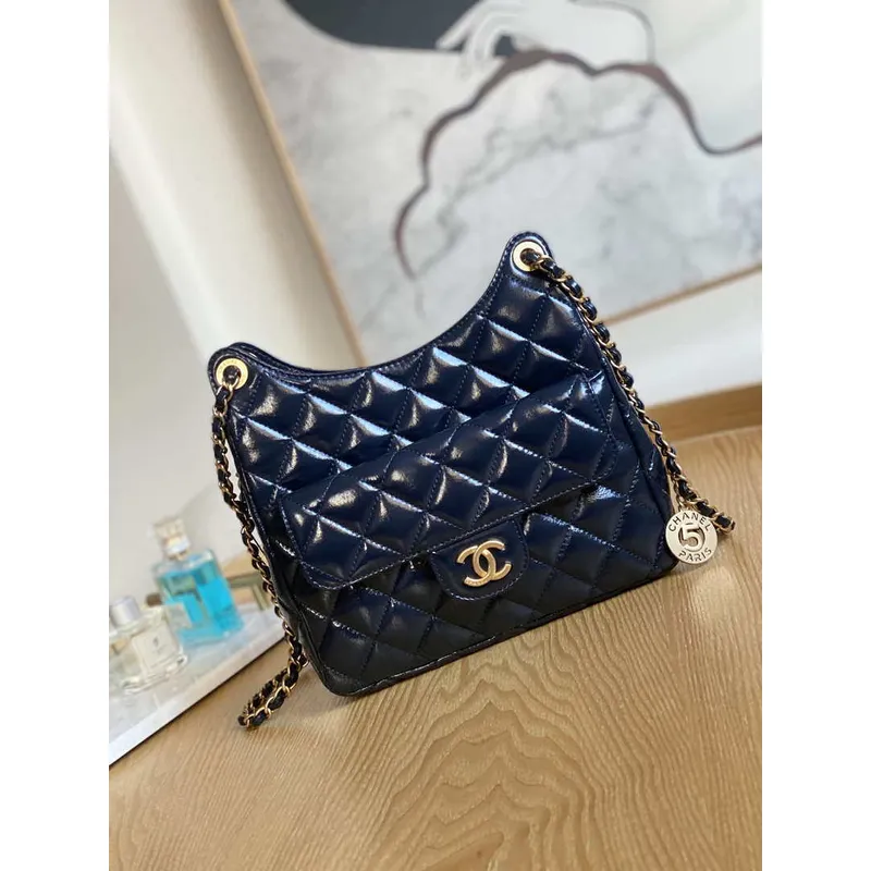 Chanel AS3690 Hobo Handbag Shiny Crumpled Calfskin & Gold Tone Metal Navy blue