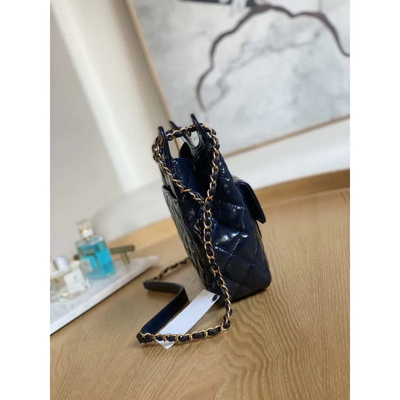 Chanel AS3690 Hobo Handbag Shiny Crumpled Calfskin & Gold Tone Metal Navy blue