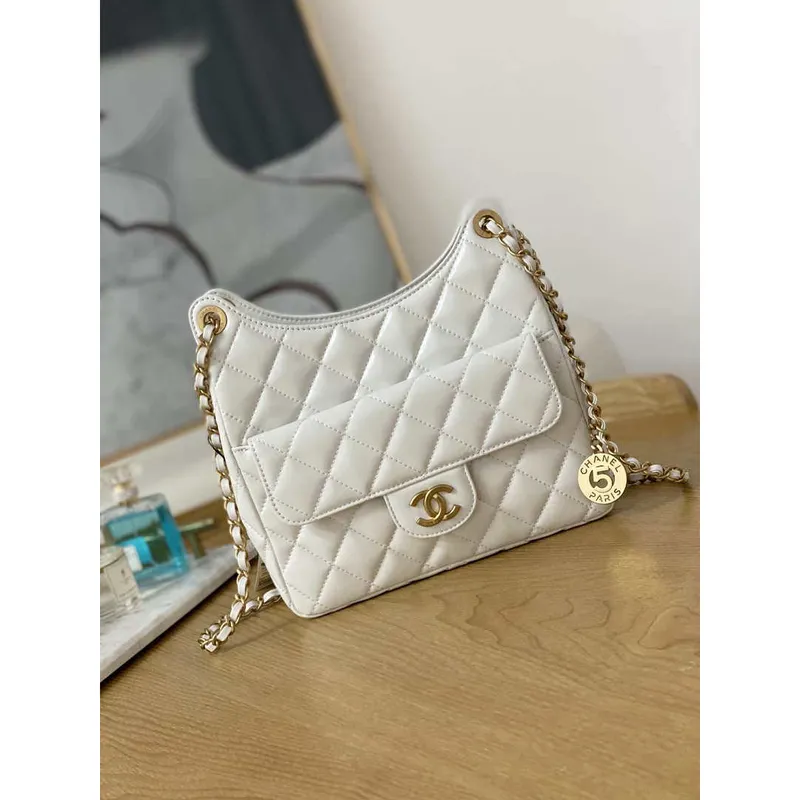 Chanel AS3690 Hobo Handbag Shiny Crumpled Calfskin & Gold Tone Metal White