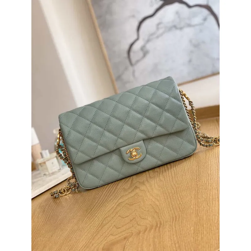 Chanel AS3777 Flap Bag Grained Calfskin & Gold Tone Metal Light Green