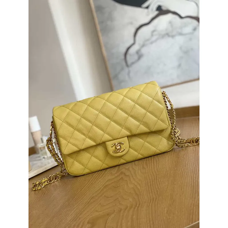 Chanel AS3777 Flap Bag Grained Calfskin & Gold Tone Metal Yellow