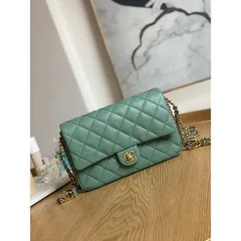 Chanel AS3777 Flap Bag Grained Calfskin & Gold Tone Metal Green