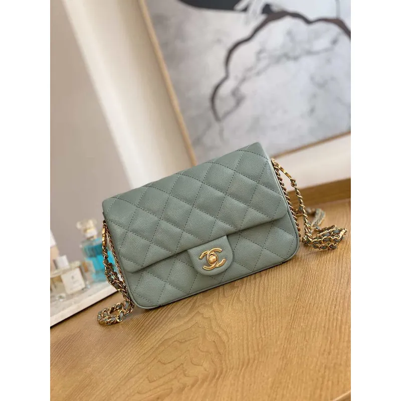 Chanel AS3757 Mini Flap Bag Grained Calfskin & Gold Tone Metal Light Green