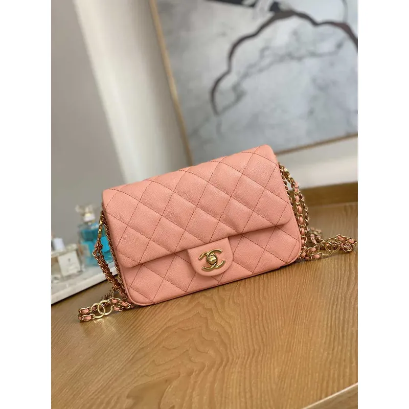 Chanel AS3757 Mini Flap Bag Grained Calfskin & Gold Tone Metal Pink