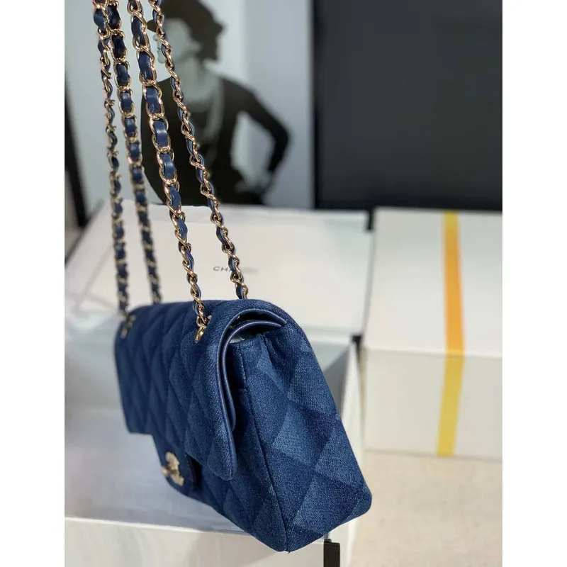 Chanel Flap Classic bag Denim Blue A01112 Gold