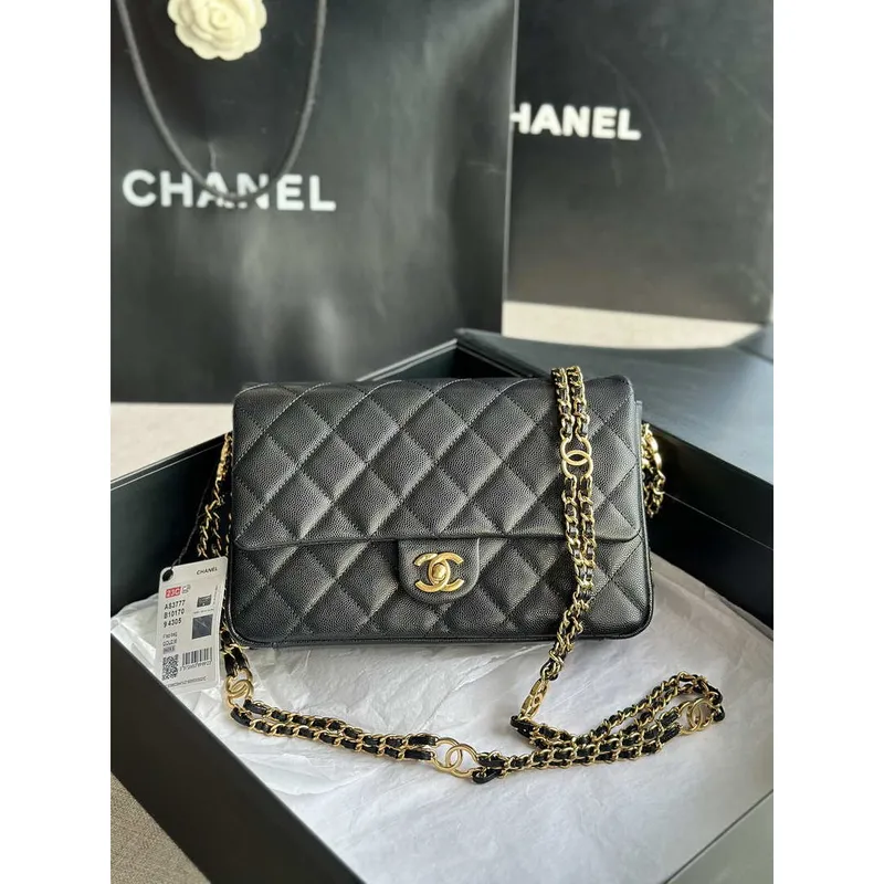 Chanel AS3777 Flap Bag Grained Calfskin & Gold Tone Metal Black