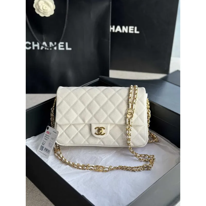 Chanel AS3777 Flap Bag Grained Calfskin & Gold Tone Metal White