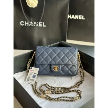Chanel AS3757 Mini Flap Bag Grained Calfskin & Gold Tone Metal Navy Blue