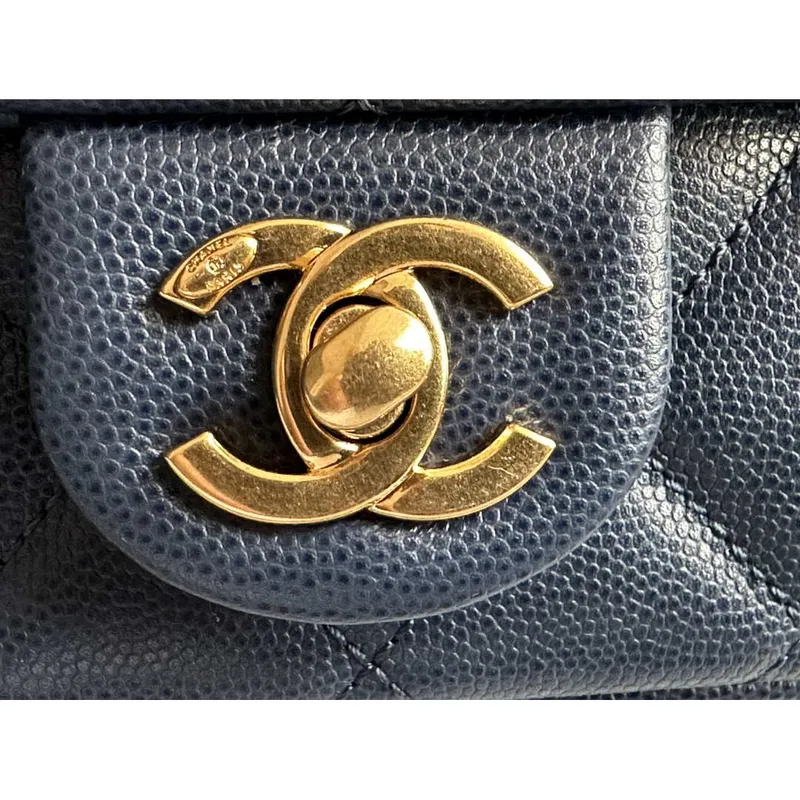 Chanel AS3757 Mini Flap Bag Grained Calfskin & Gold Tone Metal Navy Blue