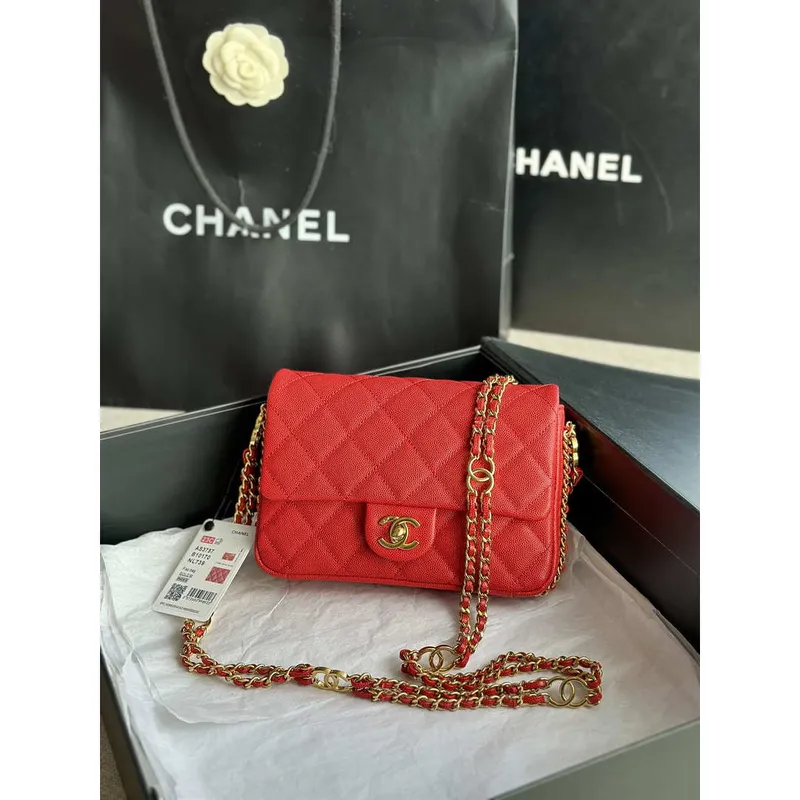Chanel AS3757 Mini Flap Bag Grained Calfskin & Gold Tone Metal Red