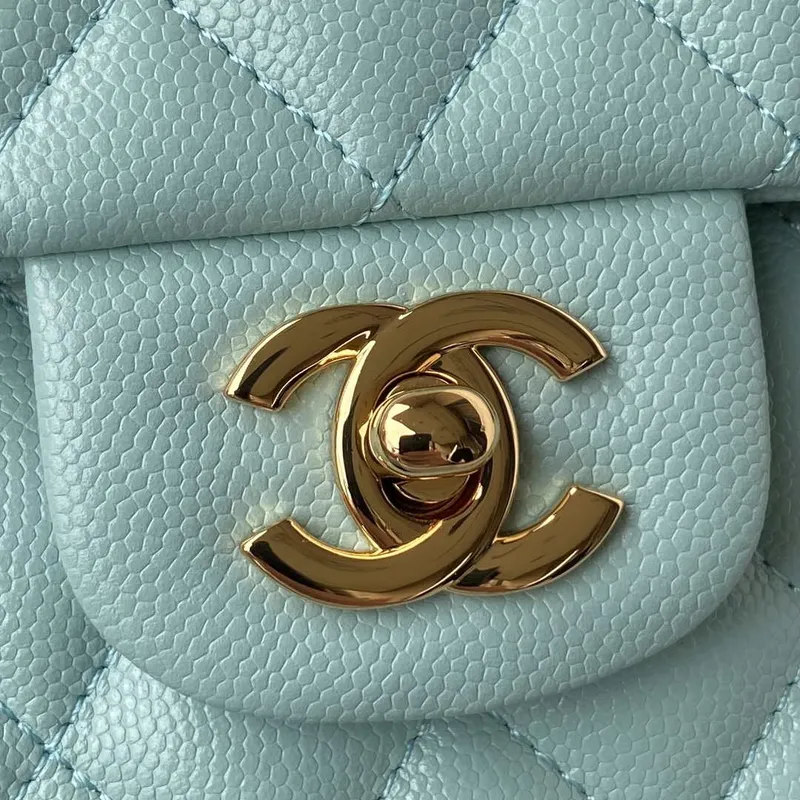 Chanel A01113 Flap Handbag Classic Bag Grained shiny Calfskin Lake Blue Gold