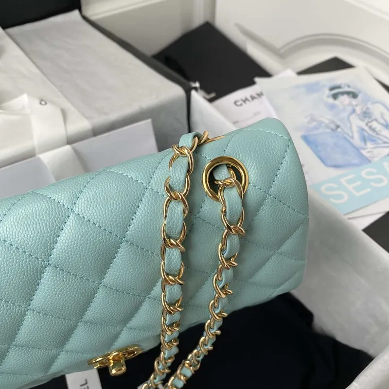 Chanel A01113 Flap Handbag Classic Bag Grained shiny Calfskin Lake Blue Gold