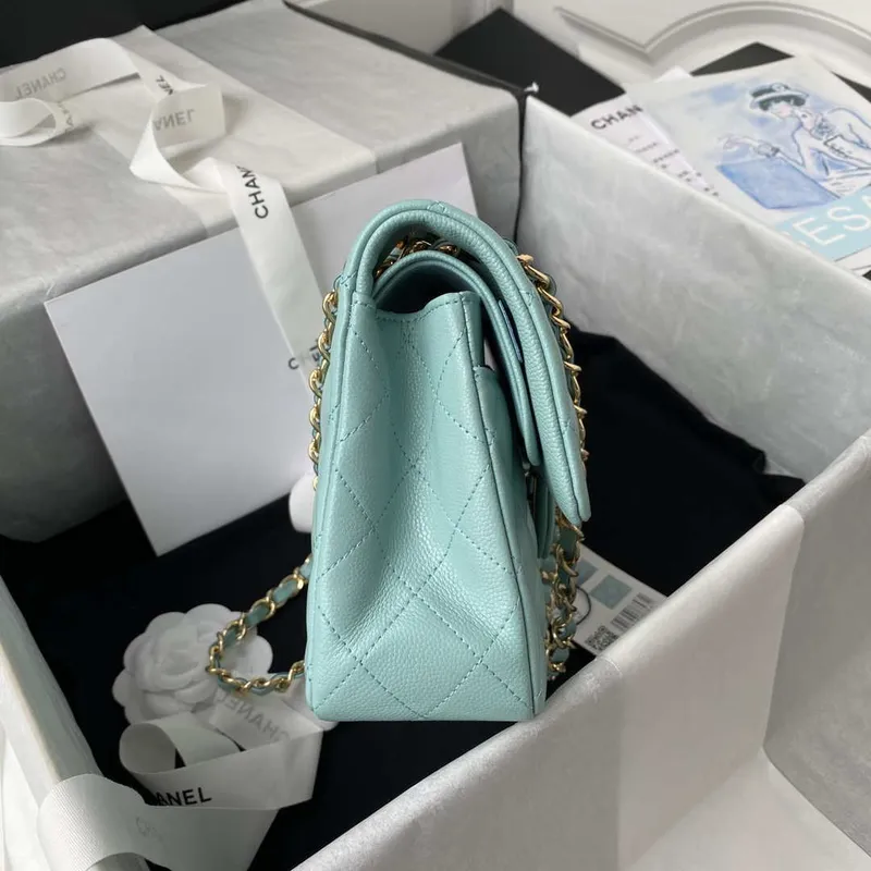 Chanel A01113 Flap Handbag Classic Bag Grained shiny Calfskin Lake Blue Gold