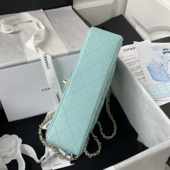 Chanel A01113 Flap Handbag Classic Bag Grained shiny Calfskin Lake Blue Gold