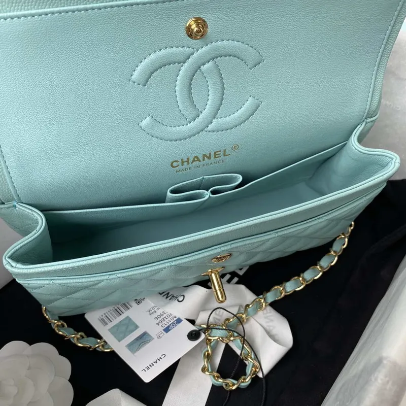 Chanel A01113 Flap Handbag Classic Bag Grained shiny Calfskin Lake Blue Gold