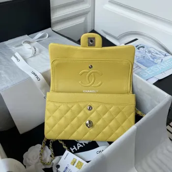 Chanel A01113 Flap Handbag Classic Bag Grained shiny Calfskin Yellow Silver