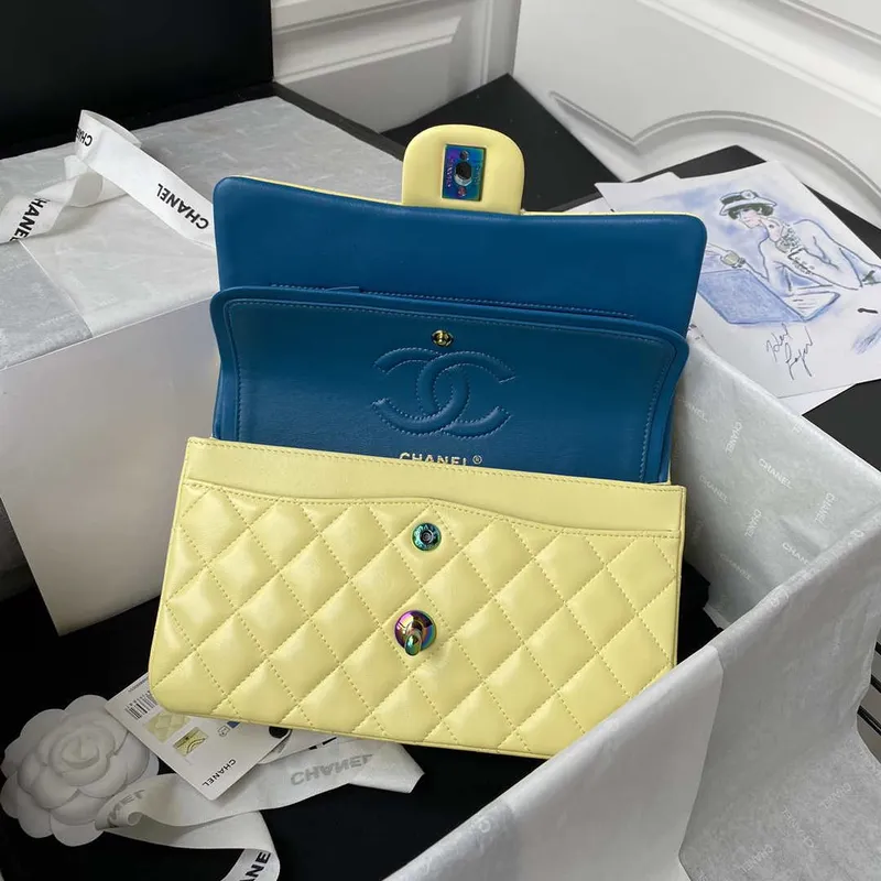 Chanel A01113 Flap Handbag Classic Bag Yellow Lambskin with Blue Hardware