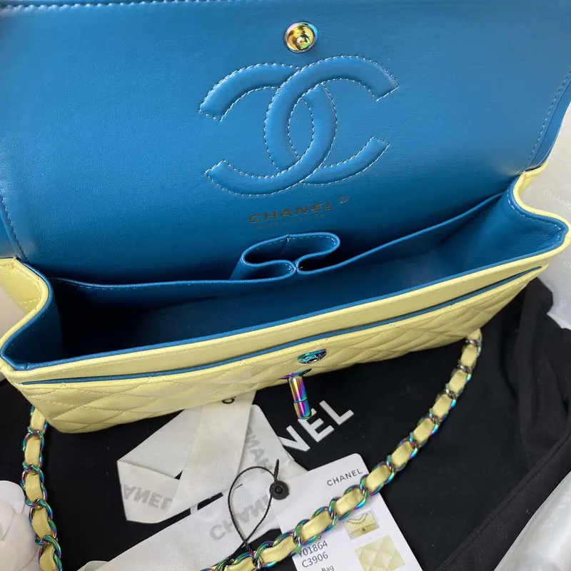 Chanel A01113 Flap Handbag Classic Bag Yellow Lambskin with Blue Hardware