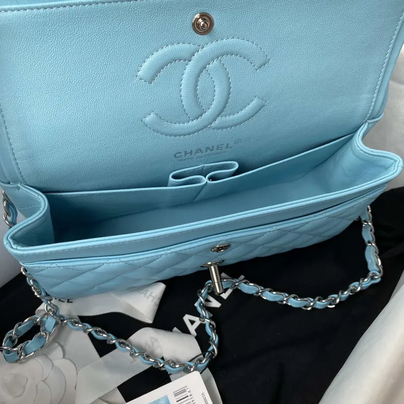 Chanel A01113 Flap Handbag Classic Bag Lake Blue Lambskin Silver