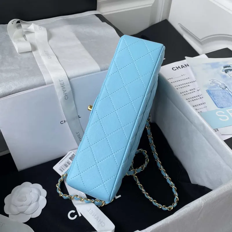 Chanel A01113 Flap Handbag Classic Bag Lake Blue Lambskin Gold
