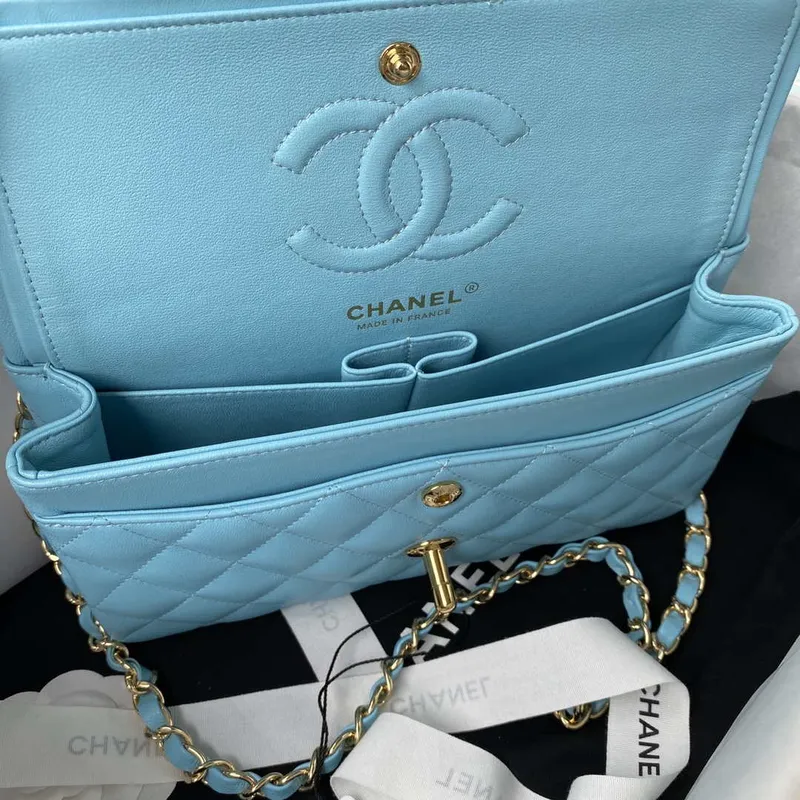 Chanel A01113 Flap Handbag Classic Bag Lake Blue Lambskin Gold
