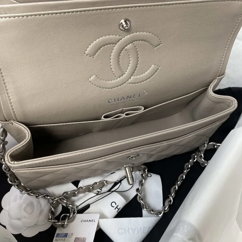 Chanel A01113 Flap Handbag Classic Bag Lambskin Light Gray Silver