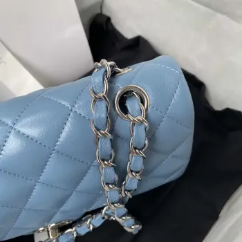 Chanel A01113 Flap Handbag Classic Bag Lambskin Sky Blue Silver