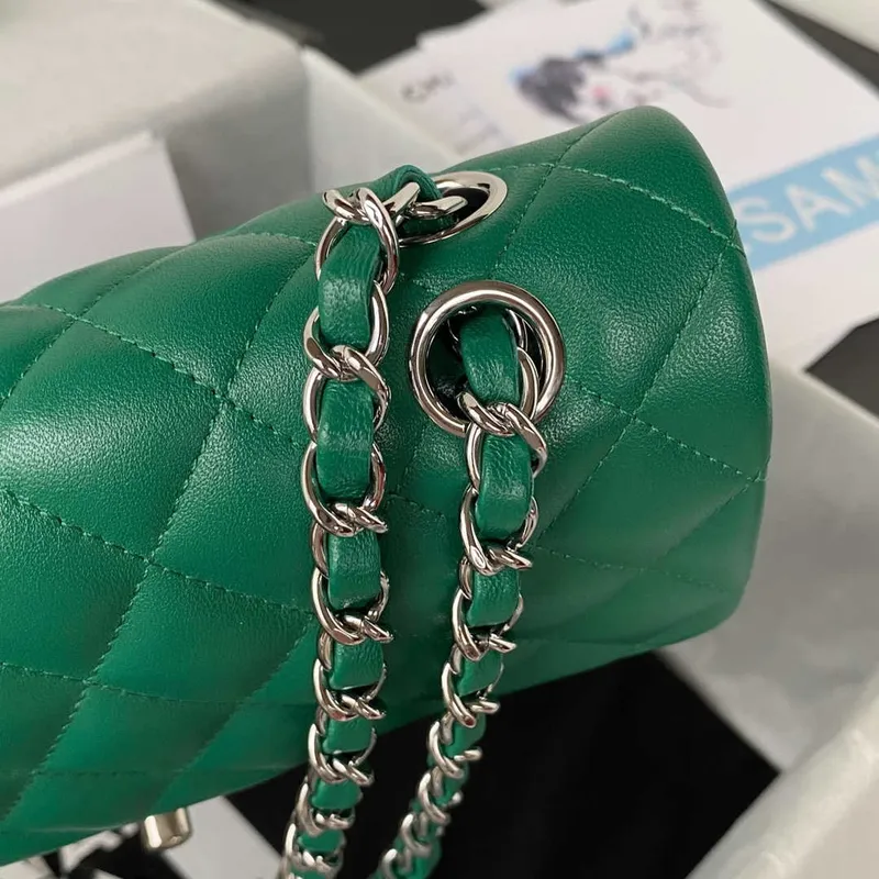 Chanel A01113 Flap Handbag Classic Bag Lambskin Green Silver