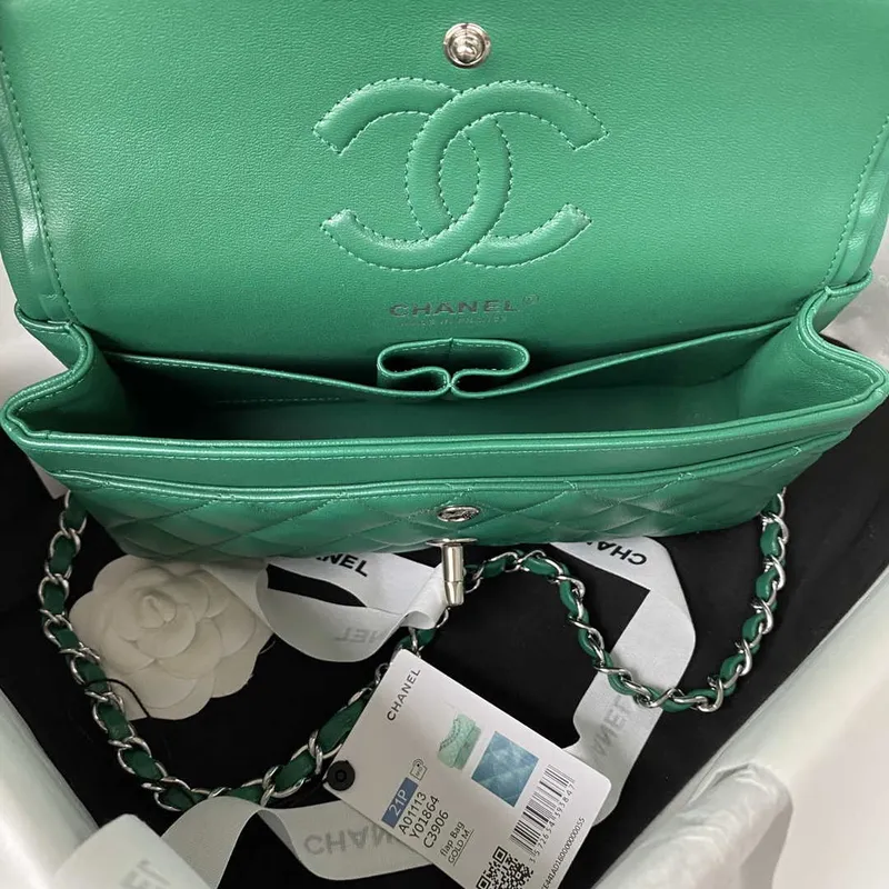 Chanel A01113 Flap Handbag Classic Bag Lambskin Green Silver
