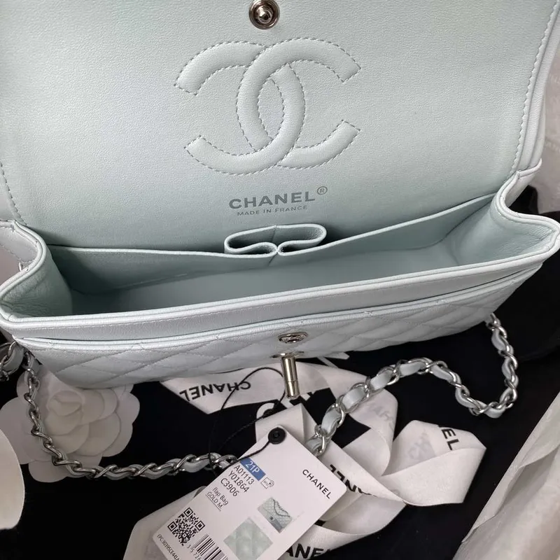 Chanel A01113 Flap Handbag Classic Bag Lambskin Light Blue Silver