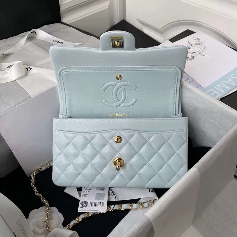 Chanel A01113 Flap Handbag Classic Bag Lambskin Light Blue Gold