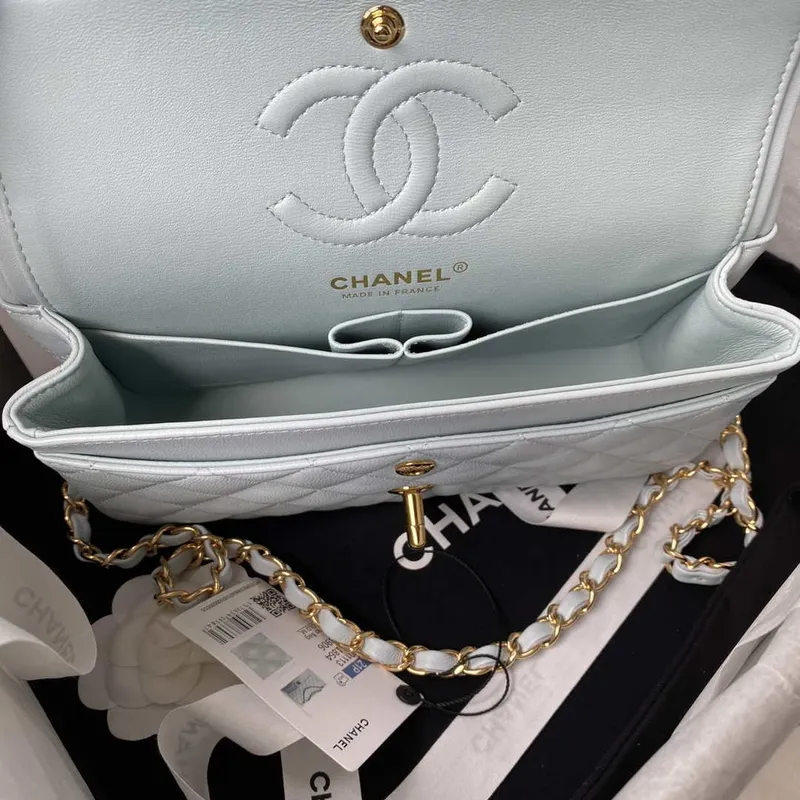 Chanel A01113 Flap Handbag Classic Bag Lambskin Light Blue Gold