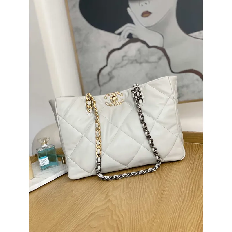 Chanel 19 Shopping Bag Shiny Lambskin AS3660 Gold Tone  Silver Tone & Ruthenium Finish Metal Light Gray