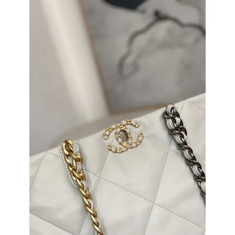 Chanel 19 Shopping Bag Shiny Lambskin AS3660 Gold Tone  Silver Tone & Ruthenium Finish Metal Light Gray