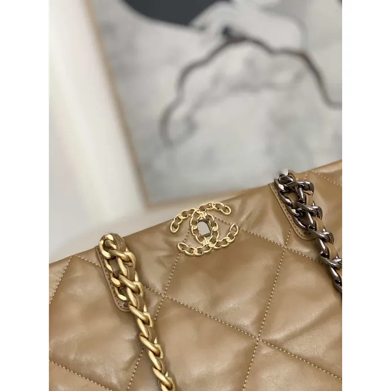 Chanel 19 Shopping Bag Shiny Lambskin AS3660 Gold Tone  Silver Tone & Ruthenium Finish Metal Tan
