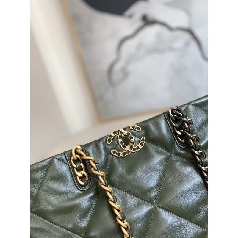 Chanel 19 Shopping Bag Shiny Lambskin AS3660 Gold Tone  Silver Tone & Ruthenium Finish Metal Dark Green