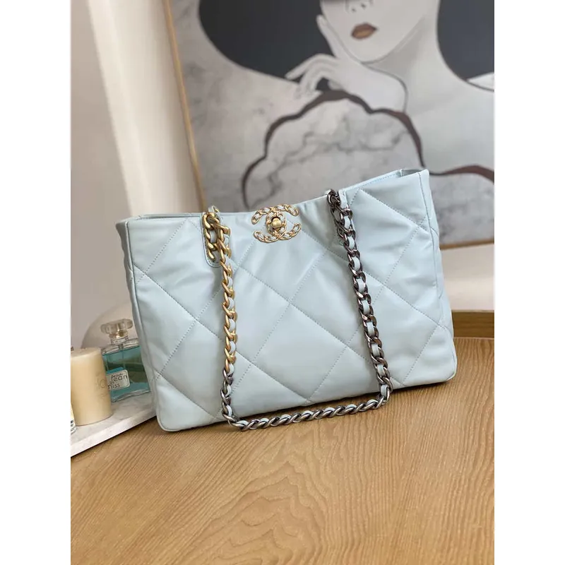 Chanel 19 Shopping Bag Shiny Lambskin AS3660 Gold Tone  Silver Tone & Ruthenium Finish Metal Light Blue