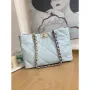 Chanel 19 Shopping Bag Shiny Lambskin AS3660 Gold Tone  Silver Tone & Ruthenium Finish Metal Light Blue