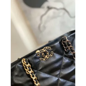 Chanel 19 Shopping Bag Shiny Lambskin AS3660 Gold Tone  Silver Tone & Ruthenium Finish Metal Black