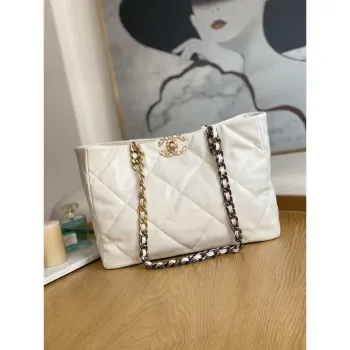 Chanel 19 Shopping Bag Shiny Lambskin AS3660 Gold Tone  Silver Tone & Ruthenium Finish Metal White