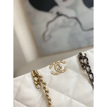 Chanel 19 Shopping Bag Shiny Lambskin AS3660 Gold Tone  Silver Tone & Ruthenium Finish Metal White